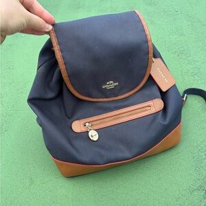 Coach Navy and Tan Sawyer Canvass/ Leather Medium Backpack with Gold Hardware